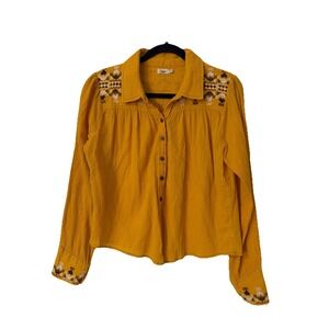 Embroidered Mustard Button-Front Women's Blouse